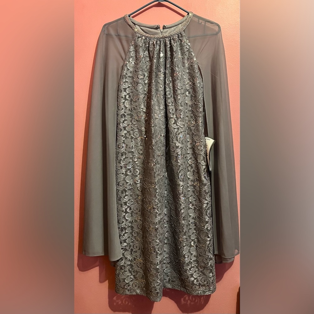 Glitter Lace Cape Cocktail Dress Silver